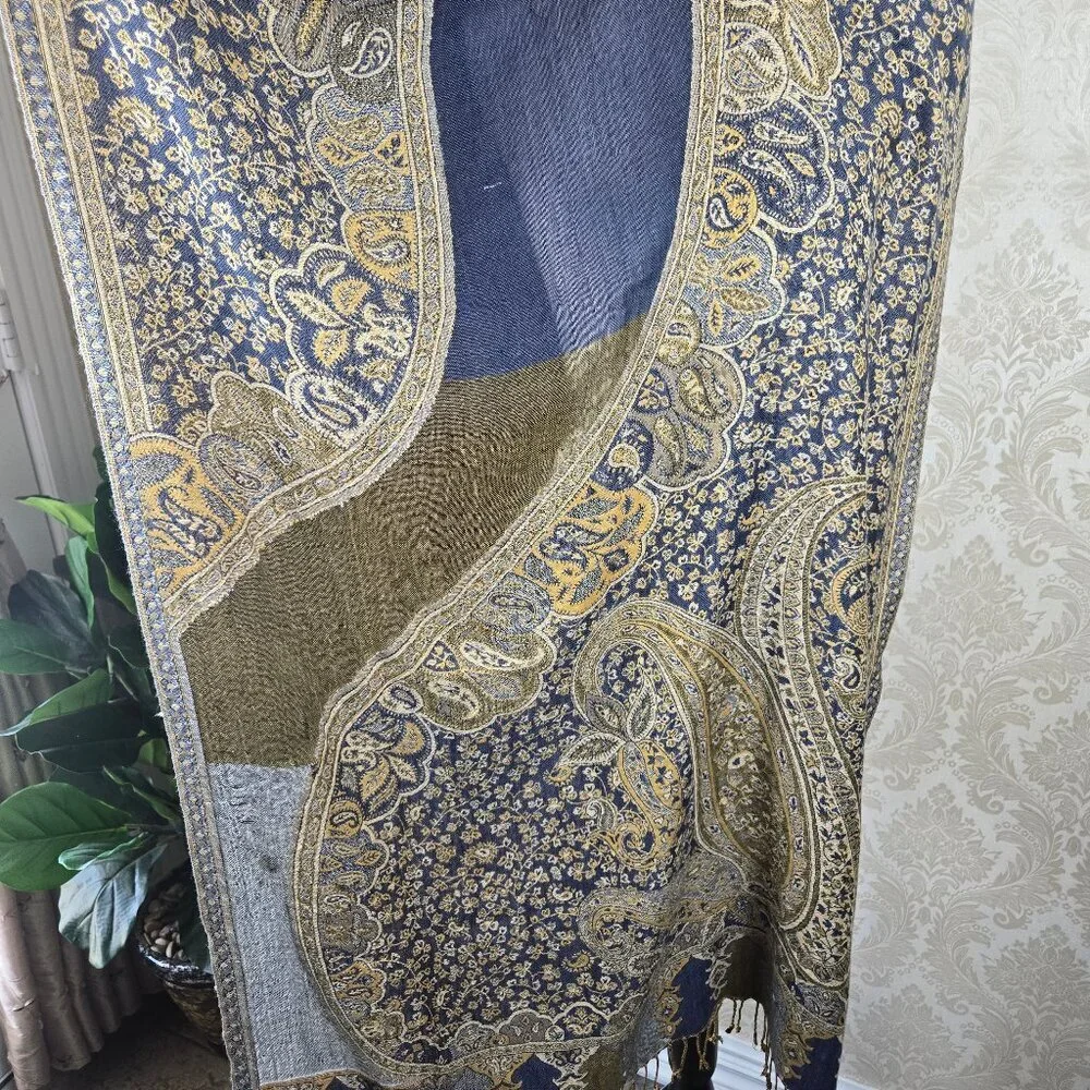Blue and Gold Paisley and Floral Patterned Oblong Scarf Fringed Ends Feminine